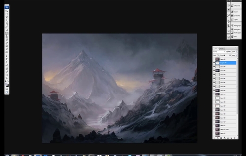 雪山中的哨站场景绘画